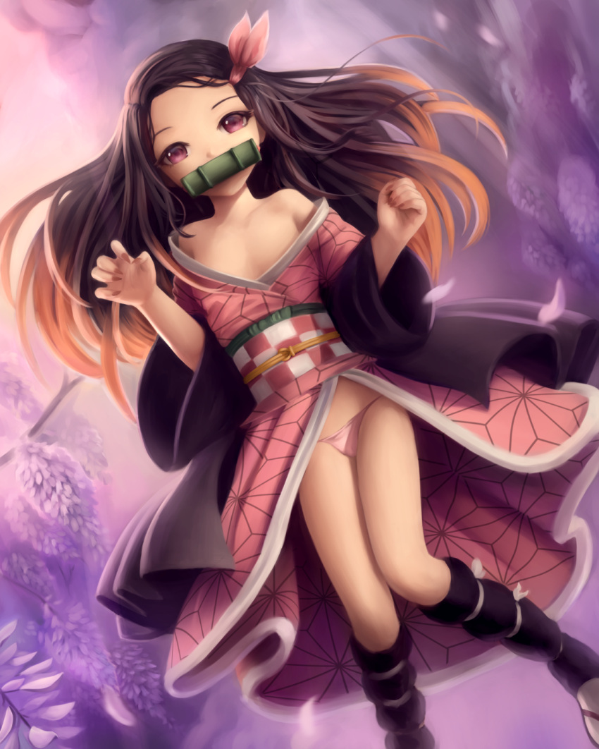 1girl bit_gag bow brown_hair commentary crumbles english_commentary fingernails gag gradient_hair hair_bow hands_up highres japanese_clothes kamado_nezuko kimetsu_no_yaiba kimono long_hair long_sleeves looking_at_viewer multicolored_hair off_shoulder orange_hair panties pink_bow pink_kimono pink_panties sharp_fingernails socks solo underwear violet_eyes
