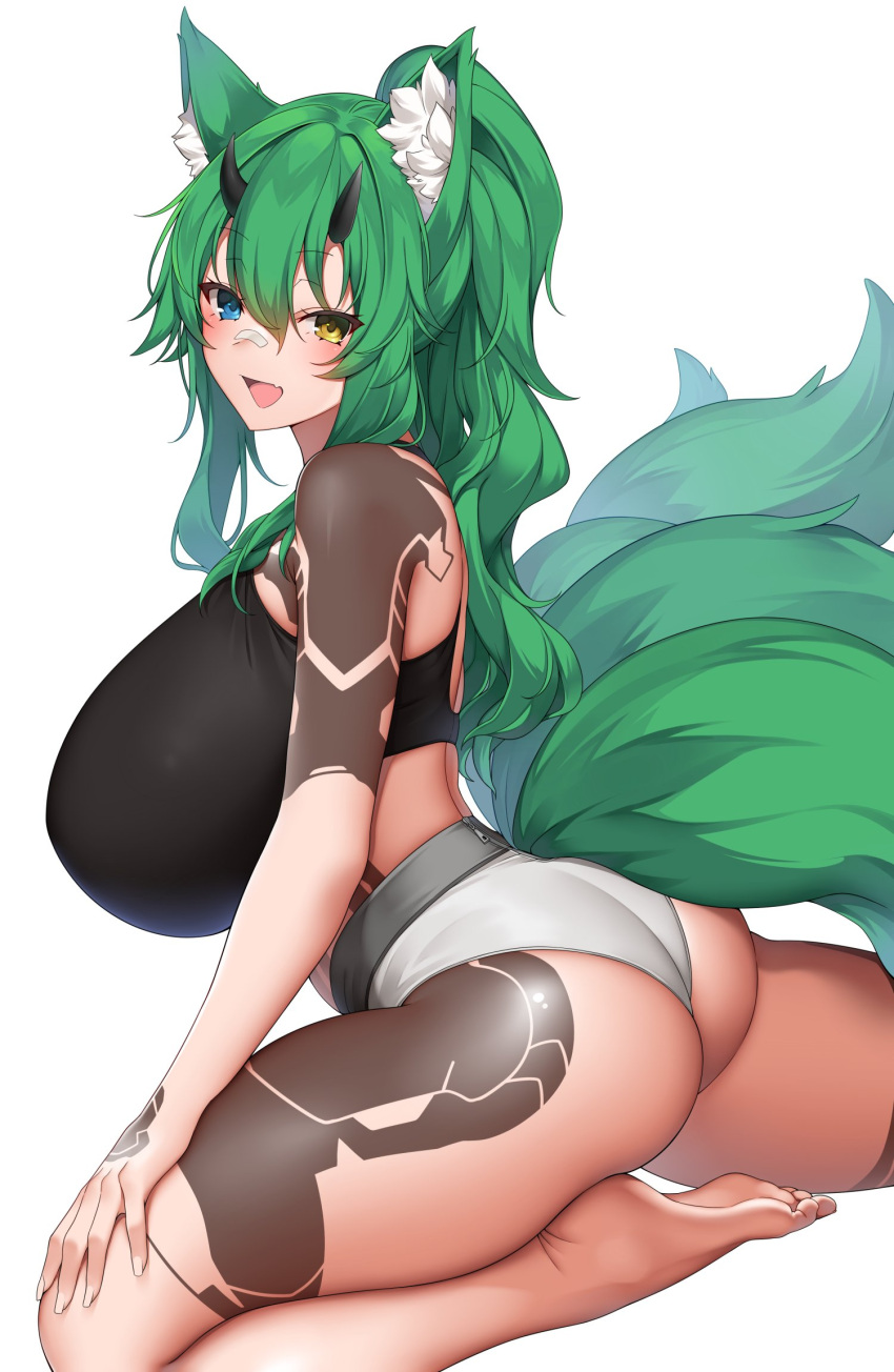 1girl :d animal_ear_fluff animal_ears ass avatar_(pso2) bandaid bandaid_on_nose bare_legs barefoot blue_eyes blush breasts fox_ears fox_tail from_side grey_panties hair_between_eyes heterochromia highres horns huge_breasts looking_at_viewer looking_to_the_side multiple_tails open_mouth original panties phantasy_star phantasy_star_online_2 ponytail simple_background smile solo suruga_(xsurugax) tail tsutsune_(pyobbo) underwear white_background yellow_eyes