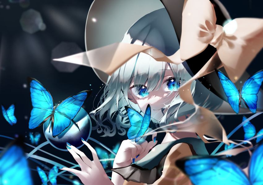 1girl black_headwear blouse blue_eyes blue_nails bow bug butterfly collared_shirt commentary_request eyeball eyelashes frilled_shirt_collar frilled_sleeves frills hat hat_bow hat_ribbon heart heart_of_string highres komeiji_koishi light_green_hair ribbon shirt solo sun_hat third_eye touhou wavy_hair wide_sleeves yellow_blouse yellow_ribbon yellow_shirt yukia_(yukia_777)