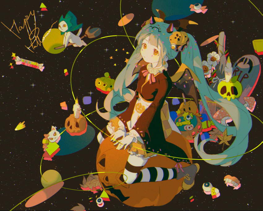 1girl balabling bangs between_legs black_legwear blue_hair boots breasts brown_kimono candle candy closed_mouth commentary creature earrings english_commentary eyebrows_visible_through_hair food frilled_neckwear frilled_sleeves frills full_body green_ribbon grey_footwear hair_ornament hair_wings halloween hand_between_legs hatsune_miku highres horns japanese_clothes jewelry kimono long_hair long_sleeves looking_away looking_up orange_eyes pumpkin ribbon riding sitting small_breasts solo star_(sky) starry_background striped striped_legwear thigh-highs tombstone twintails very_long_hair vocaloid white_legwear wide_sleeves wings