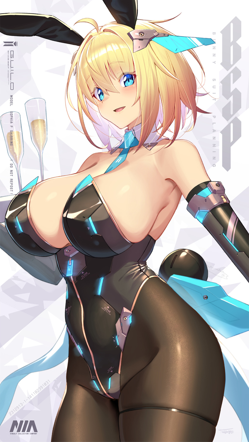 1girl :d ahoge animal_ears aqua_eyes aqua_neckwear bangs bare_shoulders between_breasts black_gloves black_leotard blonde_hair breasts brown_legwear character_name commentary cowboy_shot cup detached_collar drinking_glass elbow_gloves english_text eyebrows_visible_through_hair fake_animal_ears fake_tail gloves glowing hair_between_eyes hair_intakes hair_ornament highleg highleg_leotard highres holding holding_tray large_breasts leotard logo looking_at_viewer mecha_musume nadare-san_(nadare3nwm) necktie necktie_between_breasts open_mouth original pantyhose playboy_bunny rabbit_ears rabbit_tail shiny shiny_hair shiny_skin short_hair sidelocks smile solo sophia_f_shirring standing strapless strapless_leotard symbol-only_commentary tail thigh_strap tray white_background wine_glass wing_collar zipper_pull_tab