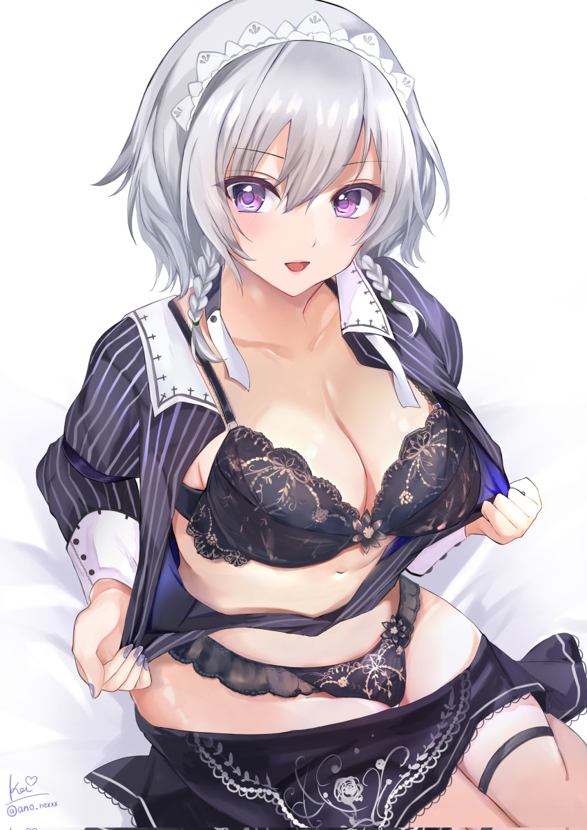 1girl ano_nexxx bangs bed black_bra black_panties black_shirt black_skirt bra braid collar collared_shirt eyebrows_visible_through_hair eyes_visible_through_hair grey_hair hair_between_eyes highres izayoi_sakuya koumajou_densetsu long_sleeves looking_to_the_side maid_headdress on_bed open_clothes open_mouth open_shirt panties puffy_long_sleeves puffy_sleeves seiza shirt short_hair signature simple_background sitting sitting_on_bed skirt smile solo touhou twin_braids twitter_username underwear violet_eyes white_background