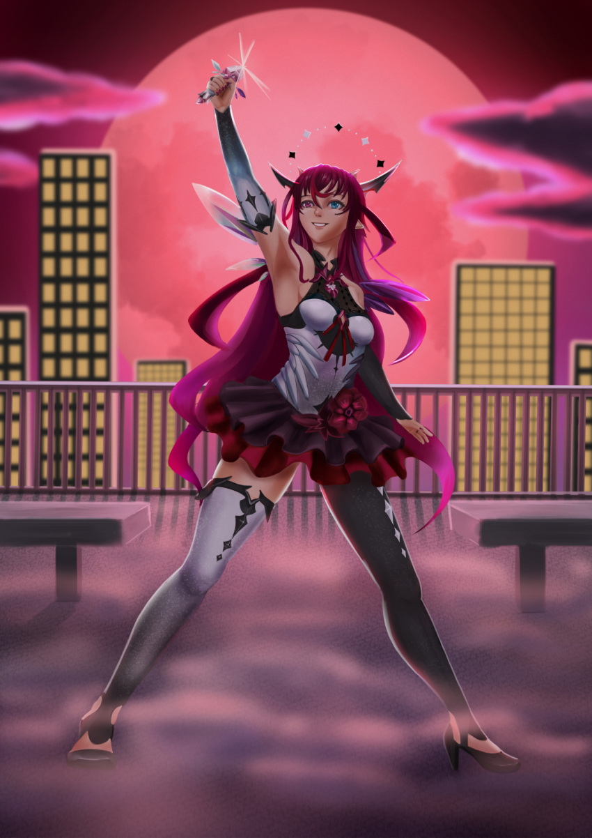 1girl bare_shoulders black_legwear blue_eyes crystal flower heterochromia highres hololive hololive_english horns irys_(hololive) moon pink_eyes pointy_ears red_background red_clouds red_flower red_moon red_ribbon red_skirt redhead rensoukun ribbon see-through shirt skirt two-tone_skirt virtual_youtuber white_legwear white_shirt wings