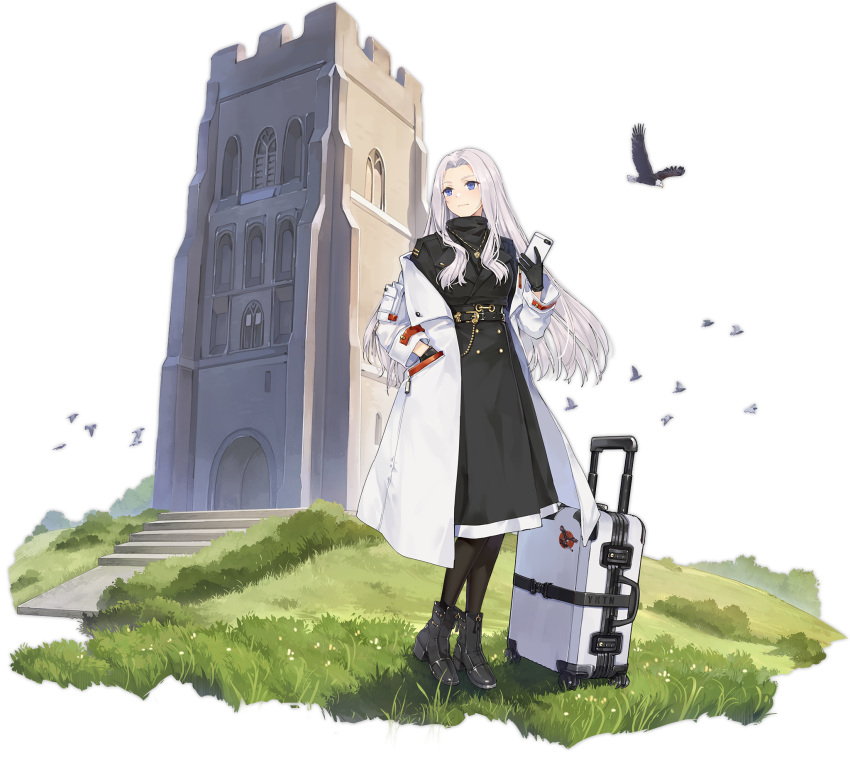 1girl artist_request azur_lane bird black_dress black_footwear black_gloves boots cellphone closed_eyes coat dress eagle gloves hair_intakes hand_in_pocket highres holding holding_phone light_blue_eyes long_hair long_sleeves looking_at_viewer luggage official_alternate_costume official_art open_mouth phone rolling_suitcase silver_hair smartphone smile solo suitcase transparent_background white_coat yorktown_(azur_lane) yorktown_(saint_wings)_(azur_lane)