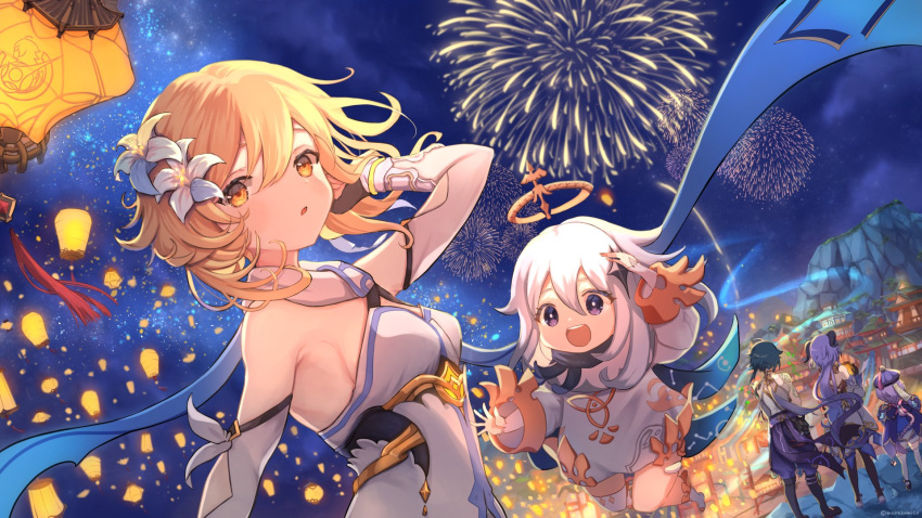 1boy 4girls :d adjusting_hair arm_guards bangs bare_back black_hair blonde_hair blue_hair blurry braid braided_ponytail breasts chinese_clothes clouds cloudy_sky commentary_request depth_of_field detached_sleeves dress eyebrows_visible_through_hair fireworks floating floating_object flower from_behind ganyu_(genshin_impact) genshin_impact hair_between_eyes hair_flower hair_ornament hat highres horns jiangshi lantern lantern_festival long_hair long_sleeves looking_at_viewer low_ponytail lumine_(genshin_impact) marekamico multiple_girls night night_sky ofuda open_mouth paimon_(genshin_impact) paper_lantern parted_lips purple_hair qing_guanmao qiqi_(genshin_impact) scarf senkou_hanabi short_hair short_hair_with_long_locks sideboob sidelocks single_braid sky sky_lantern skyline smile sparkler star_(sky) starry_sky white_dress white_hair white_scarf wind xiao_(genshin_impact) yellow_eyes