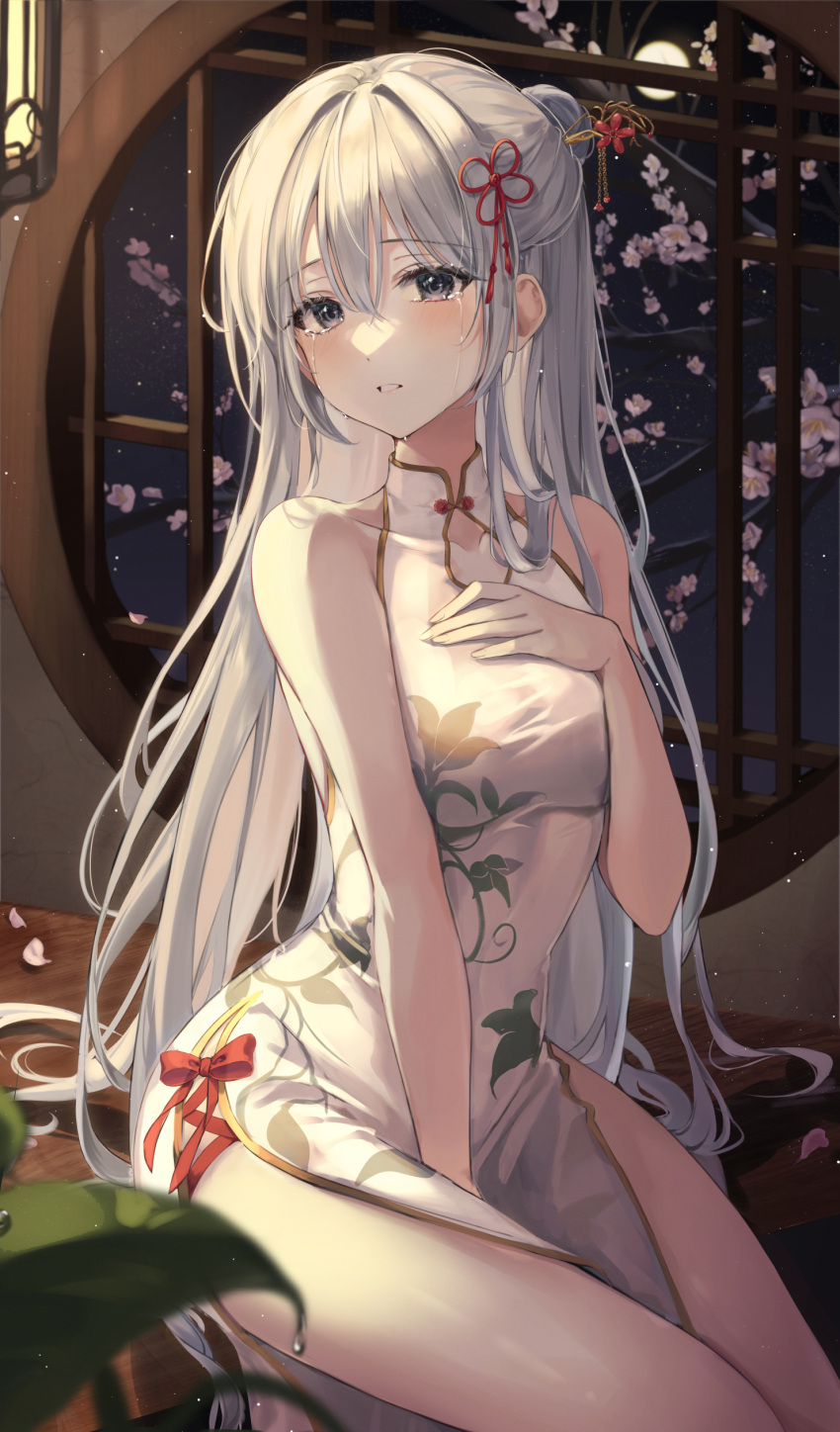 1girl absurdres blush bow branch breasts cherry_blossoms china_dress chinese_clothes crying crying_with_eyes_open dress ekina_(1217) floral_print flower grey_eyes hair_bun hair_flower hair_ornament hair_ribbon halterneck hand_on_own_chest highres indoors leaf long_hair looking_at_viewer medium_breasts original parted_lips petals red_bow red_ribbon ribbon side_slit silver_hair sitting sleeveless sleeveless_dress solo tears thighs tree very_long_hair white_dress window