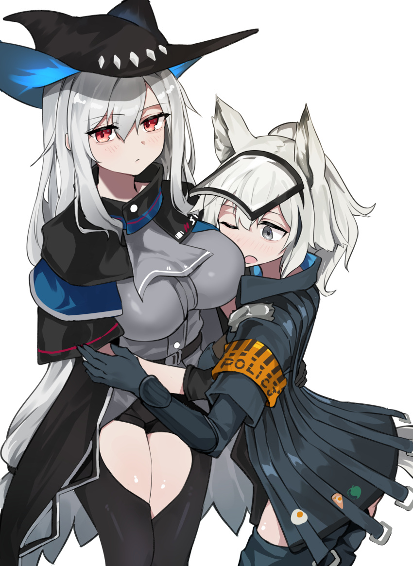 2girls absurdres animal_ears arknights ascot black_capelet black_gloves black_headwear black_pants breasts capelet closed_mouth clothing_cutout commentary_request cowboy_shot gloves grani_(arknights) grey_neckwear hair_between_eyes hat highres horse_ears hug jacket large_breasts long_hair looking_at_viewer multiple_girls one_eye_closed open_mouth pants police police_uniform ponytail poyason red_eyes shirt silver_hair simple_background skadi_(arknights) thigh_cutout uniform violet_eyes visor_lift white_background