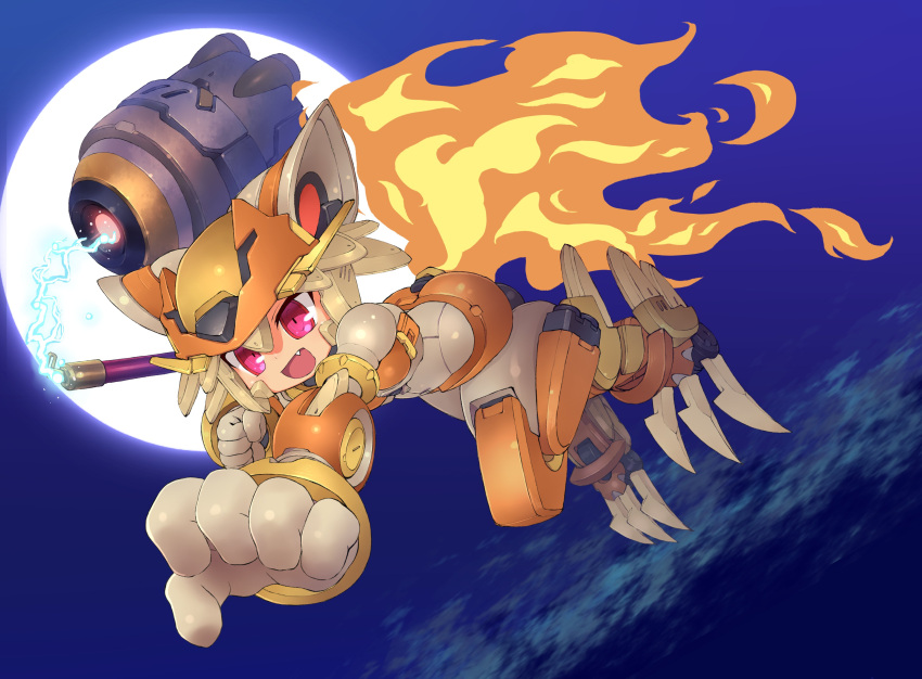 1girl :d absurdres bangs blonde_hair clouds commentary_request commission fang fiery_tail full_body full_moon highres holding holding_staff mecha_musume mechanization moon moonlight_flower open_mouth ragnarok_online reaching_out red_eyes sankuma second-party_source short_hair skeb_commission smile solo staff tail