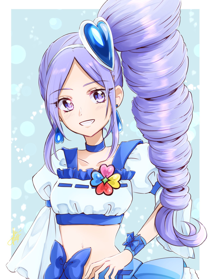 1girl aono_miki blue_choker blue_ribbon blue_skirt blush choker commentary_request cure_berry drill_hair earrings eyelashes fpminnie1 fresh_precure! frilled_skirt frills hair_ornament hairband happy heart heart_hair_ornament high_ponytail highres jewelry layered_skirt long_hair looking_at_viewer magical_girl midriff miniskirt navel precure puffy_sleeves purple_hair ribbon shiny shiny_hair short_sleeves side_ponytail skirt smile solo violet_eyes wrist_cuffs