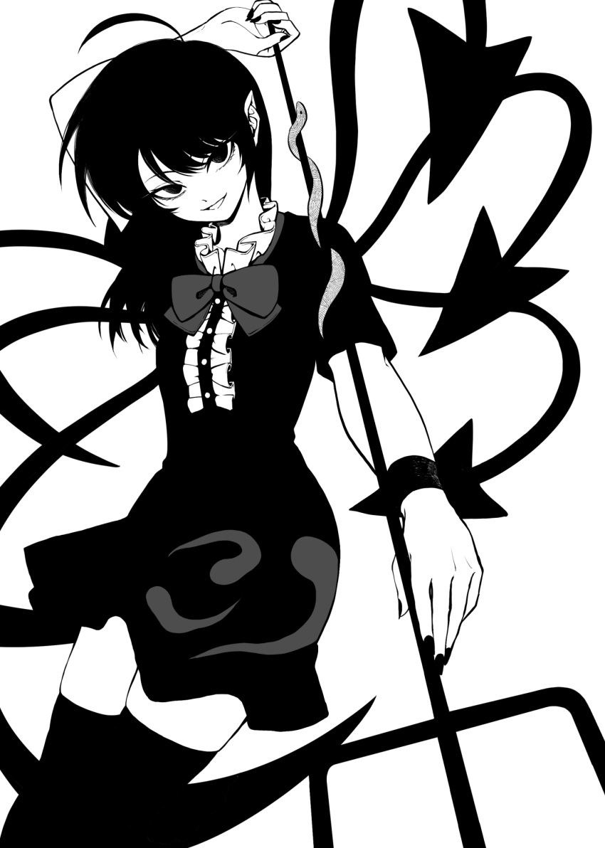 1girl arm_up arrow_(symbol) asymmetrical_wings bangs black_dress black_eyes black_footwear black_hair black_nails bow bowtie breasts buttons closed_mouth dress eyebrows_visible_through_hair grey_bow grey_neckwear hair_between_eyes hand_up highres houjuu_nue looking_at_viewer medium_breasts medium_hair monochrome shiguma_(signalmass) short_sleeves simple_background smile snake solo standing teeth thigh-highs thighs touhou weapon white_background wings wristband zettai_ryouiki