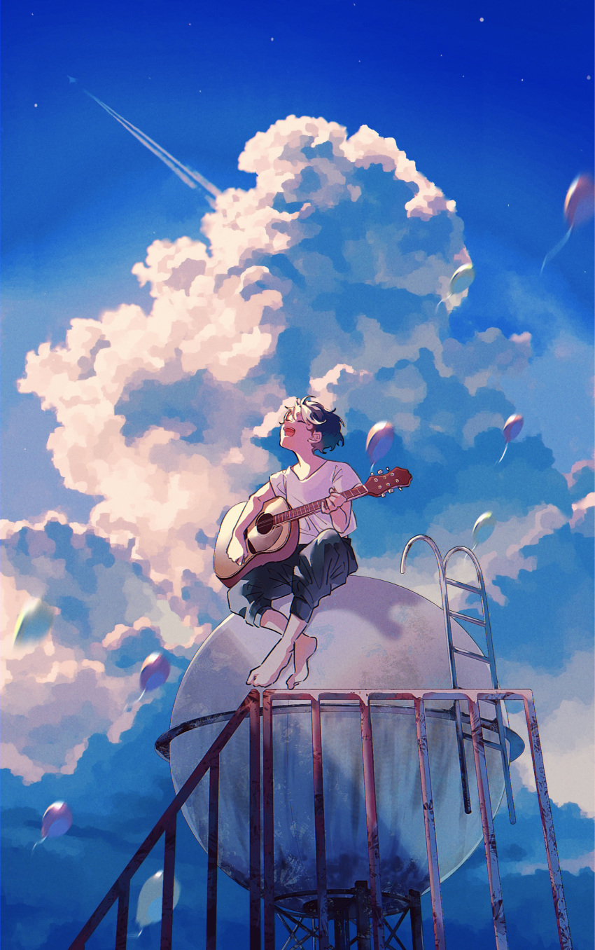 1boy absurdres balloon bangs barefoot black_hair black_pants blue_sky closed_eyes clouds cloudy_sky commentary_request condensation_trail crossed_legs cumulonimbus_cloud day facing_away facing_up full_body guitar highres holding holding_instrument instrument ladder lazool_721 open_mouth original outdoors pants railing rust scenery shirt short_hair sitting sky smile solo white_shirt