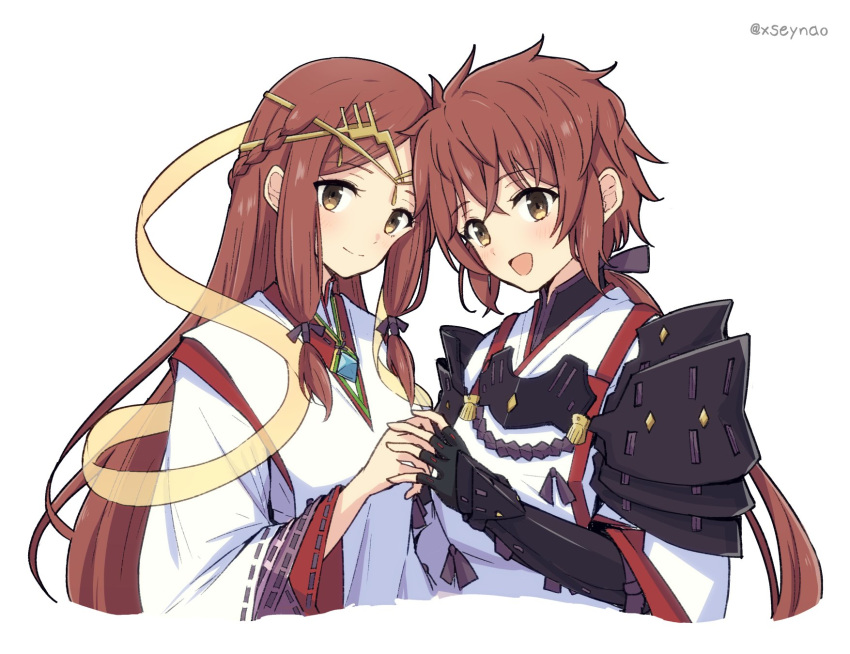 2girls brown_hair fan_la_norne highres japanese_clothes long_hair lora_(xenoblade) mochimochi_(xseynao) multiple_girls simple_background white_background xenoblade_chronicles_(series) xenoblade_chronicles_2 xenoblade_chronicles_2:_torna_-_the_golden_country yellow_eyes