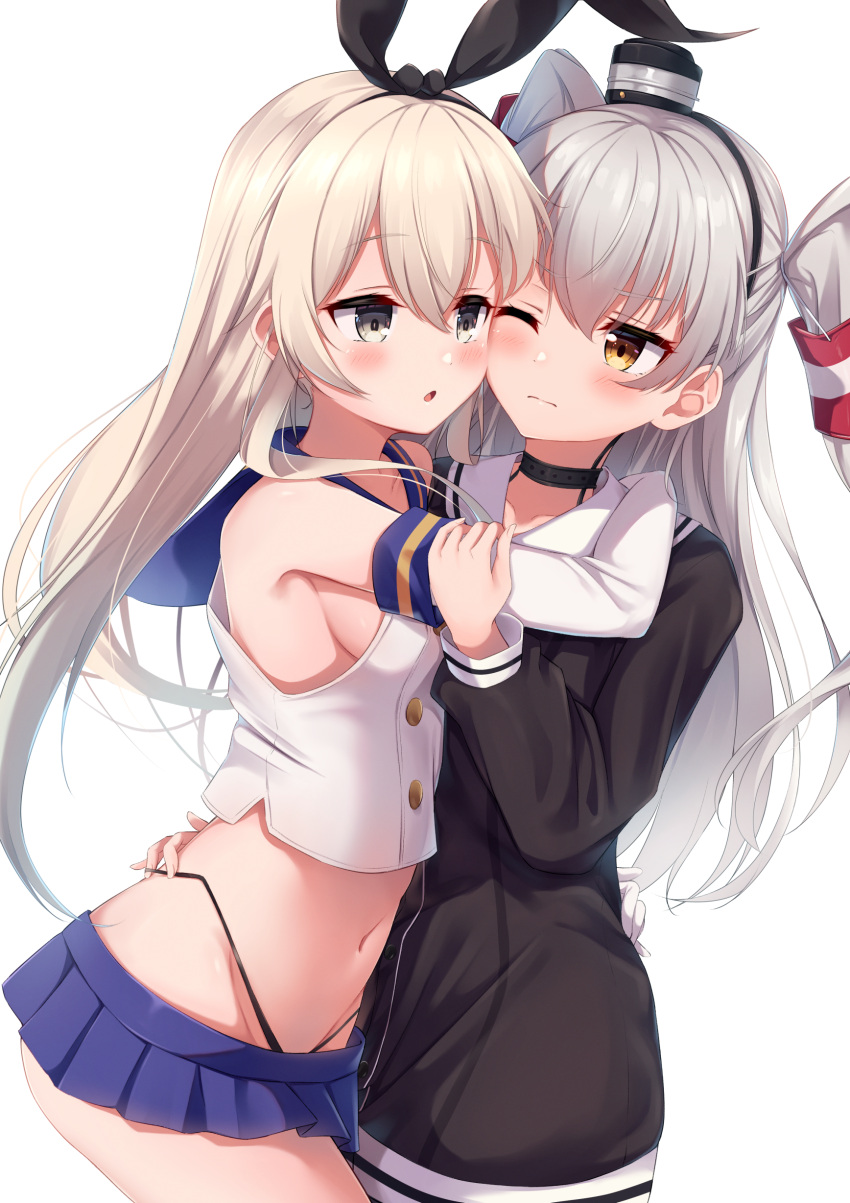 2girls absurdres amatsukaze_(kancolle) bare_shoulders black_choker black_dress black_legwear blonde_hair blue_sailor_collar blue_skirt blush breasts brown_eyes choker closed_mouth cowboy_shot crop_top dress elbow_gloves eyebrows_visible_through_hair gloves grey_eyes hair_between_eyes hair_ribbon hair_tubes hairband highleg highleg_panties highres kantai_collection long_hair looking_at_another microskirt midriff miniskirt miso_(misomiso_154) multiple_girls navel one_eye_closed open_mouth panties pleated_skirt revealing_clothes ribbon sailor_collar sailor_dress school_uniform serafuku shimakaze_(kancolle) shirt silver_hair simple_background skirt sleeveless sleeveless_shirt small_breasts stomach thong two_side_up underwear white_background white_gloves white_hair white_sailor_collar white_shirt windsock yellow_eyes