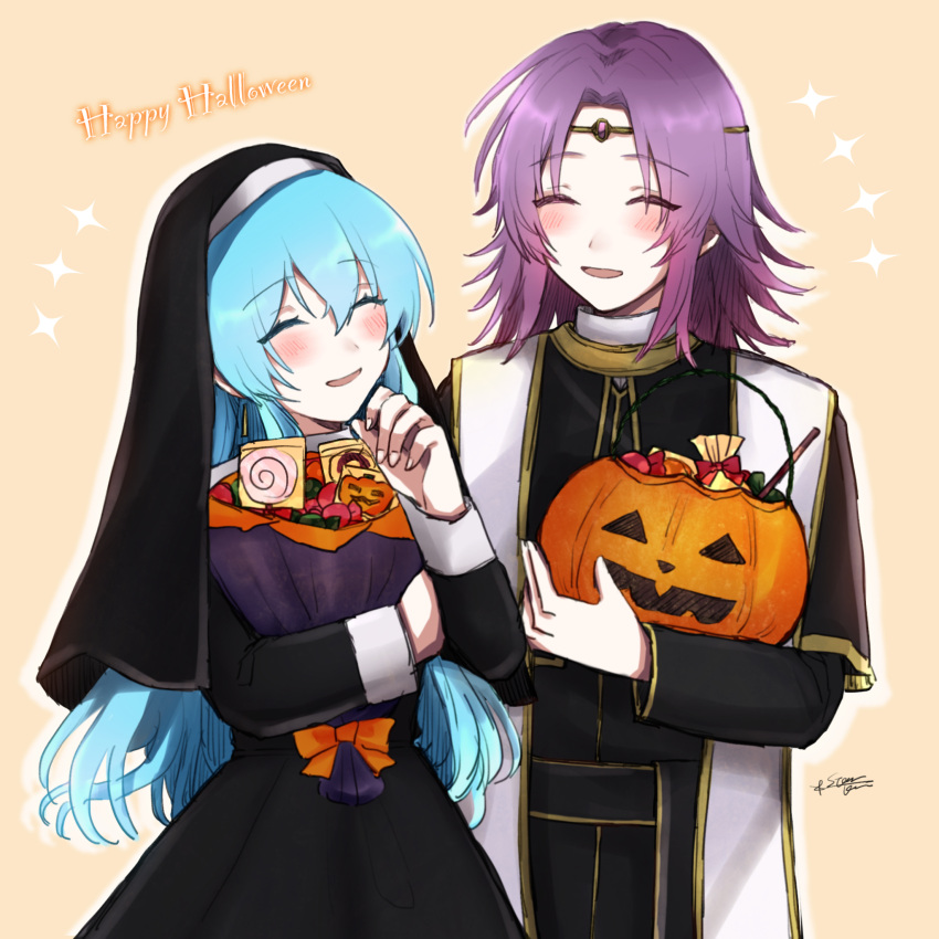 1boy 1girl ^_^ bangs black_dress blue_hair blush bow circlet closed_eyes dress eirika_(fire_emblem) eyebrows_visible_through_hair fire_emblem fire_emblem:_the_sacred_stones fire_emblem_heroes hair_between_eyes hair_intakes halloween halloween_costume happy_halloween highres holding intelligent_systems long_hair long_sleeves lyon_(fire_emblem) misato_hao nintendo nun open_mouth orange_bow outline pumpkin purple_hair shiny shiny_hair signature veil very_long_hair