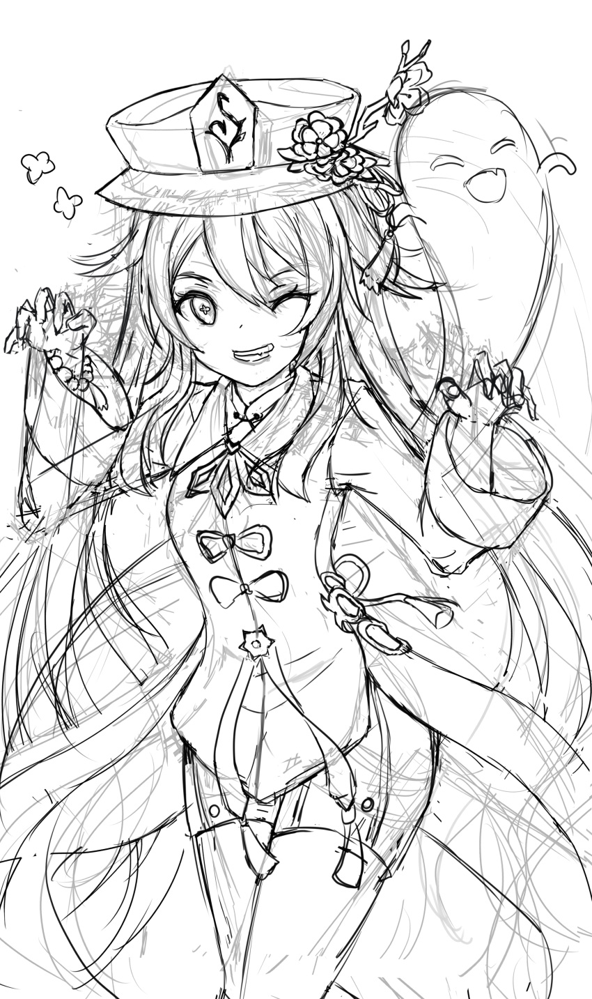 1girl absurdres bangs chinese_clothes claw_pose clenched_teeth collared_shirt drawing eyebrows_visible_through_hair flower_hat genshin_impact ghost hair_between_eyes hair_down hands_up hat_ornament highres hu_tao_(genshin_impact) jewelry long_hair long_sleeves messy_hair monochrome one_eye_closed open_mouth shirt simple_background sketch solo symbol_in_eye teeth thighs white_background wide_sleeves yenm
