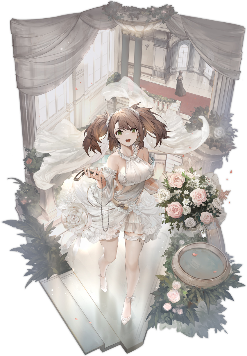 1girl azur_lane blush bouquet breasts brown_hair detached_sleeves dress flower frills green_eyes highres large_breasts long_hair looking_at_viewer mkiiiiii official_alternate_costume official_art open_mouth solo thigh-highs transparent_background twintails wedding_dress white_dress york_(azur_lane) york_(oath_of_purity)_(azur_lane)