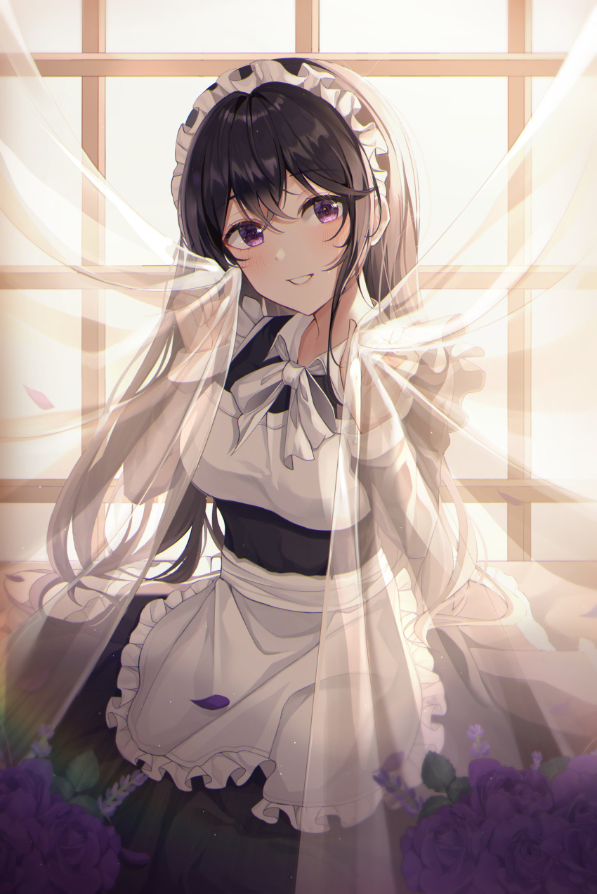 1girl absurdres apron bangs black_hair blush breasts crossed_bangs curtains dress eyebrows_visible_through_hair flower frills grin hair_between_eyes highres holding long_hair long_sleeves looking_at_viewer maid maid_headdress original purple_flower smile solo symbol-only_commentary teeth violet_eyes waist_apron window yulha_06
