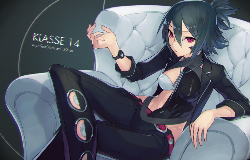 1girl ainezu armchair black_jacket black_pants bright_pupils chair green_hair hair_between_eyes hand_up jacket klasse14 looking_at_viewer on_chair open_clothes open_jacket pants parted_lips red_eyes sanpaku short_ponytail sitting solo watch watch white_pupils