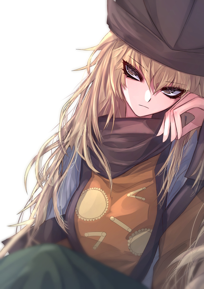 1girl 33_gaff absurdres bangs blonde_hair breasts brown_eyes brown_headwear cape closed_mouth constellation constellation_print detached_sleeves eyebrows_visible_through_hair eyes_visible_through_hair green_skirt hair_between_eyes hand_up hat highres long_hair long_sleeves looking_to_the_side matara_okina medium_breasts orange_cape shirt simple_background sitting skirt solo tabard touhou white_background white_shirt wide_sleeves