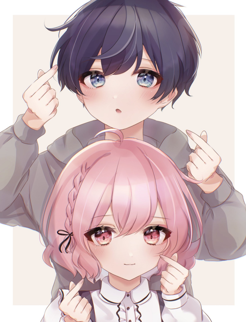 1boy 1girl after_the_rain black_hair blue_eyes blue_hair bow bowtie dress grey_hoodie highres hood hoodie long_sleeves looking_at_viewer male_focus niconico nqrse open_mouth piinachu pink_eyes pink_hair ribbon short_hair simple_background smile solo soraru utaite_(singer) white_background