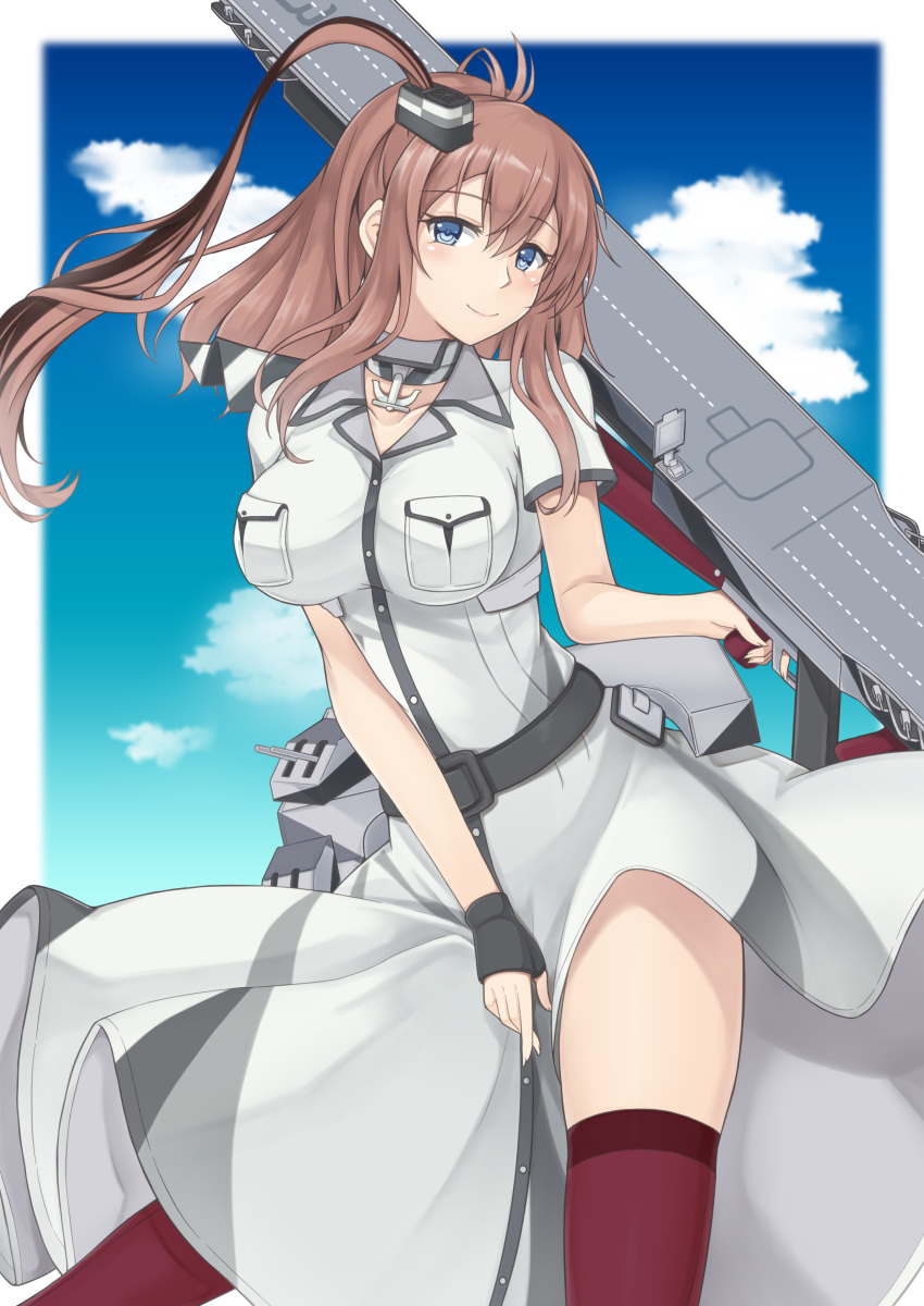 1girl absurdres black_gloves blue_eyes blue_sky blush breasts brown_hair closed_mouth eyebrows_visible_through_hair feet_out_of_frame fingerless_gloves gloves hair_ornament highres holding kantai_collection large_breasts long_hair looking_at_viewer red_legwear rei_(09991) saratoga_(kancolle) simple_background single_glove sky smile solo standing thigh-highs uniform