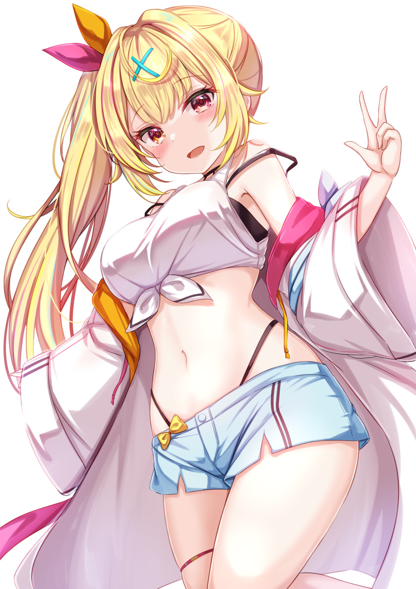 1girl bare_shoulders blonde_hair blue_shorts breasts crop_top front-tie_top hair_ribbon hand_up heterochromia highleg highres hoshikawa_sara jacket large_breasts long_hair long_sleeves looking_at_viewer midriff navel nijisanji open_clothes open_jacket orange_eyes outstretched_arm red_eyes ribbon shirt short_shorts shorts side_ponytail simple_background skindentation sleeveless sleeveless_shirt solo stomach strap_slip thigh_strap thighs virtual_youtuber white_background white_jacket white_shirt yuano