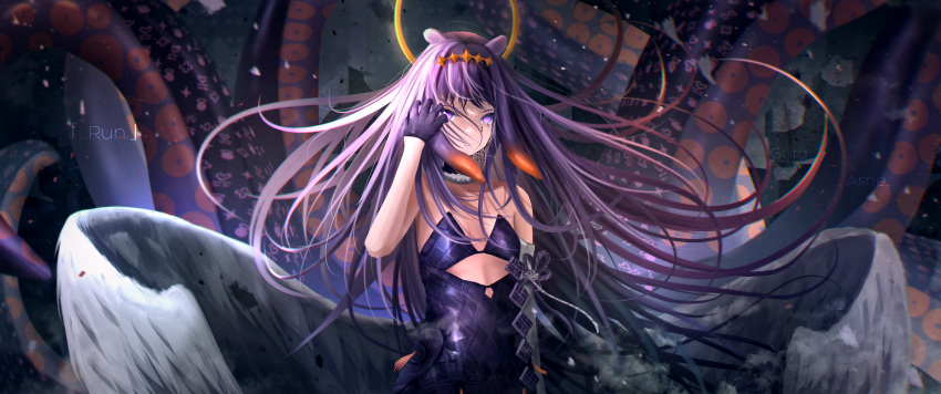 1girl absurdres animal_ears arm_at_side artist_name bangs bare_shoulders black_gloves blood blood_from_eyes character_name clothing_cutout cutout_above_navel dress feathered_wings flat_chest floating_hair flower_knot gloves gradient_hair halo hand_up highres hololive hololive_english kayjae long_hair looking_at_viewer low_wings multicolored_hair ninomae_ina'nis pointy_ears purple_dress purple_hair shiny shiny_clothes shiny_hair solo standing tears tentacle_hair tentacles very_long_hair violet_eyes virtual_youtuber watermark wings