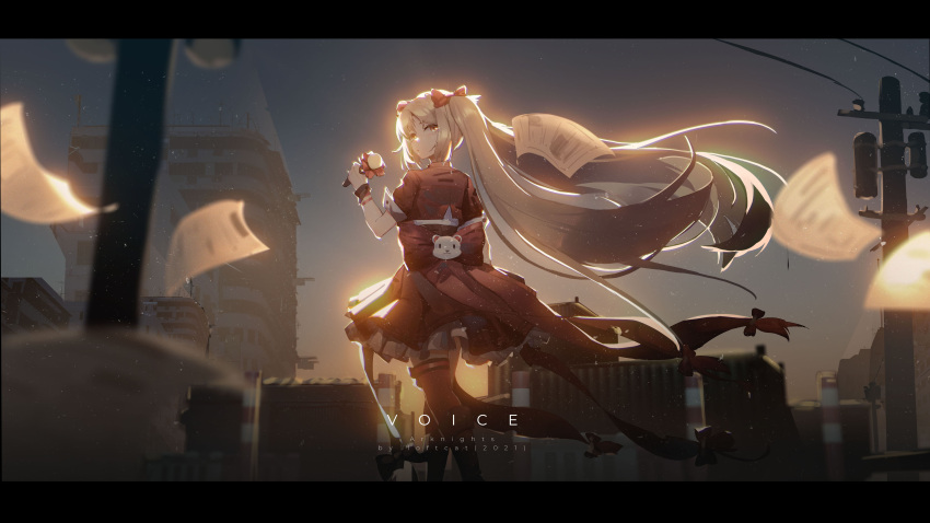 1girl 2021 absurdres arknights black_footwear blonde_hair boots bow cityscape commentary copyright_name dress english_commentary facing_away feet_out_of_frame floating hair_bow hand_up highres holding holding_microphone letterboxed loftcat long_hair microphone obi official_alternate_costume outdoors paper pinecone_(arknights) pinecone_(sing_a_song)_(arknights) power_lines red_bow red_dress red_legwear red_sash sash sidelocks solo standing thigh-highs twintails utility_pole very_long_hair wristband yellow_eyes
