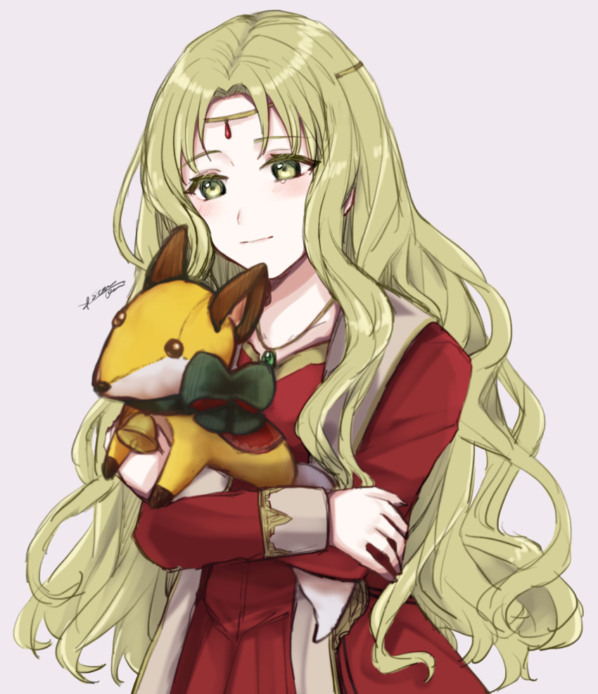 1girl blonde_hair circlet closed_mouth dress fire_emblem fire_emblem:_the_binding_blade green_eyes grey_background guinevere_(fire_emblem) highres holding jewelry long_hair long_sleeves misato_hao necklace red_dress shiny shiny_hair signature simple_background sketch solo standing stuffed_animal stuffed_toy very_long_hair