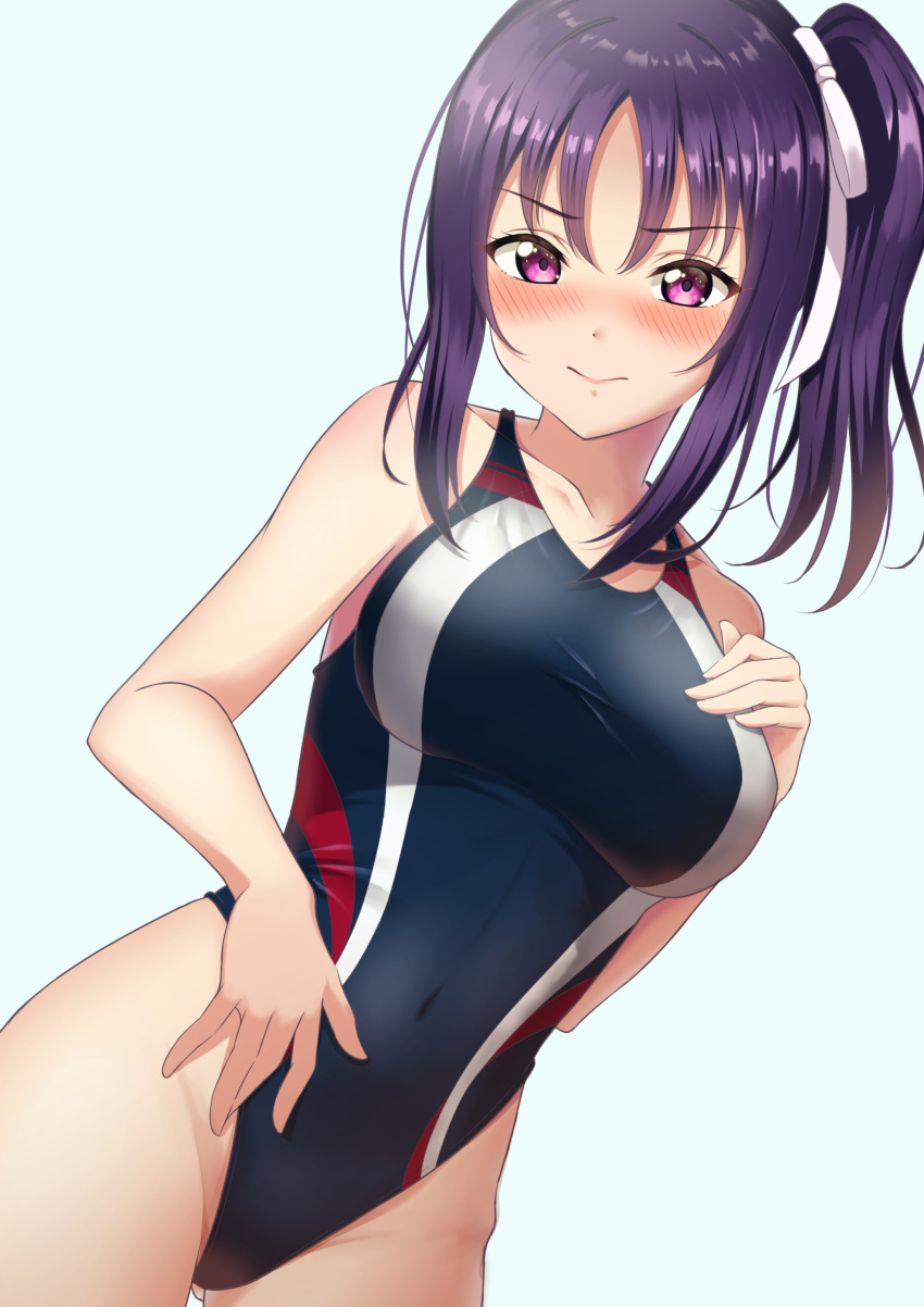 1girl absurdres bangs blue_background breasts closed_mouth collarbone competition_swimsuit covered_navel eyebrows_visible_through_hair highres kazuno_sarah large_breasts looking_at_viewer love_live! love_live!_sunshine!! oku_1225 one-piece_swimsuit pink_eyes ponytail purple_hair simple_background solo swimsuit thighs