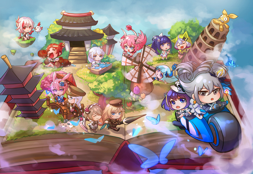 animal_ears architecture asiya_(joey26504) bangs bianka_durandal_ataegina bianka_durandal_ataegina_(valkyrie_gloria) bird blue_butterfly blue_kimono book bronya_zaychik bronya_zaychik_(herrscher_of_reason) bug butterfly chibi chicken china_dress chinese_clothes closed_eyes closed_mouth dress east_asian_architecture fox_ears fu_hua fu_hua_(phoenix) full_body gourd ground_vehicle hair_between_eyes hair_ornament hair_ribbon hat highres holding holding_umbrella homu homu_(honkai_impact) honkai_(series) honkai_impact_3rd horns japanese_clothes kallen_kaslana kallen_kaslana_(sixth_serenade) kiana_kaslana kiana_kaslana_(knight_moonbeam) kimono leaning_tower_of_pisa liliya_olenyeva long_hair looking_at_viewer maid maid_headdress military military_hat military_uniform motor_vehicle motorcycle multiple_riders murata_himeko murata_himeko_(vermillion_knight) oil-paper_umbrella open_mouth ponytail raiden_mei raiden_mei_(valkyrie_bladestrike) ribbon riding rita_rossweisse rita_rossweisse_(umbral_rose) rozaliya_olenyeva seele_vollerei seele_vollerei_(swallowtail_phantasm) short_hair siblings single_horn smile tail theresa_apocalypse theresa_apocalypse_(starlit_astrologos) twins umbrella uniform yae_sakura yae_sakura_(goushinnso_memento) zhuge_kongming_(honkai_impact)