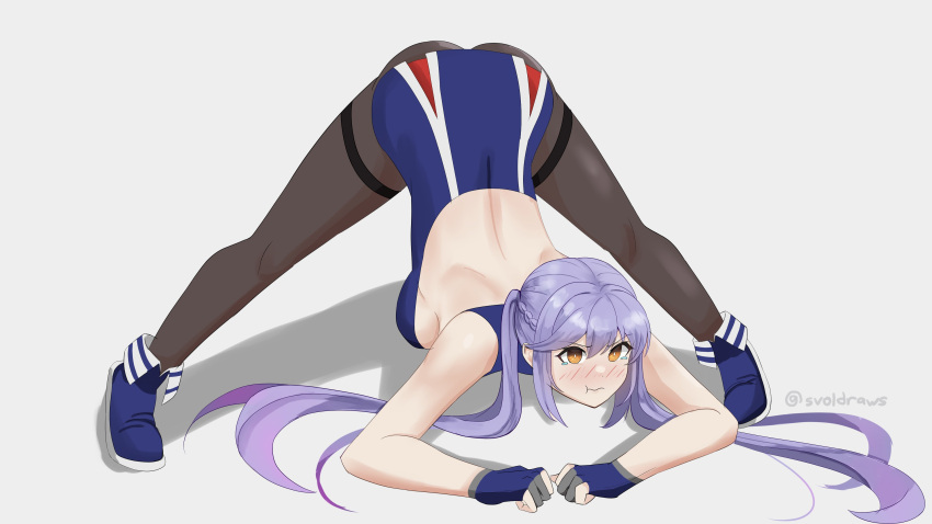 1girl :t absurdres adapted_costume alternate_costume arm_support ass azur_lane bangs bare_back black_legwear blush commentary_request essex_(azur_lane) eyebrows_visible_through_hair fingerless_gloves gloves hair_between_eyes highres jack-o'_challenge long_hair looking_at_viewer orange_eyes outstretched_arms pantyhose pout purple_hair sidelocks simple_background solo spread_arms svol tearing_up twintails twitter_username white_background
