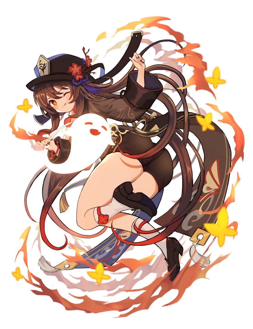 1girl :d ;) ;p ass bangs bent_over black_footwear black_nails black_shorts bracelet brown_hair chinese_clothes commentary_request eyebrows_visible_through_hair fire flower from_behind genshin_impact ghost hair_between_eyes hat hat_flower hat_ornament highres hu_tao_(genshin_impact) jewelry kneehighs long_hair long_sleeves looking_at_viewer looking_back marekamico one_eye_closed open_mouth red_eyes shoes short_shorts shorts sidelocks simple_background smile symbol-shaped_pupils tongue tongue_out twintails twisted_torso white_background white_legwear