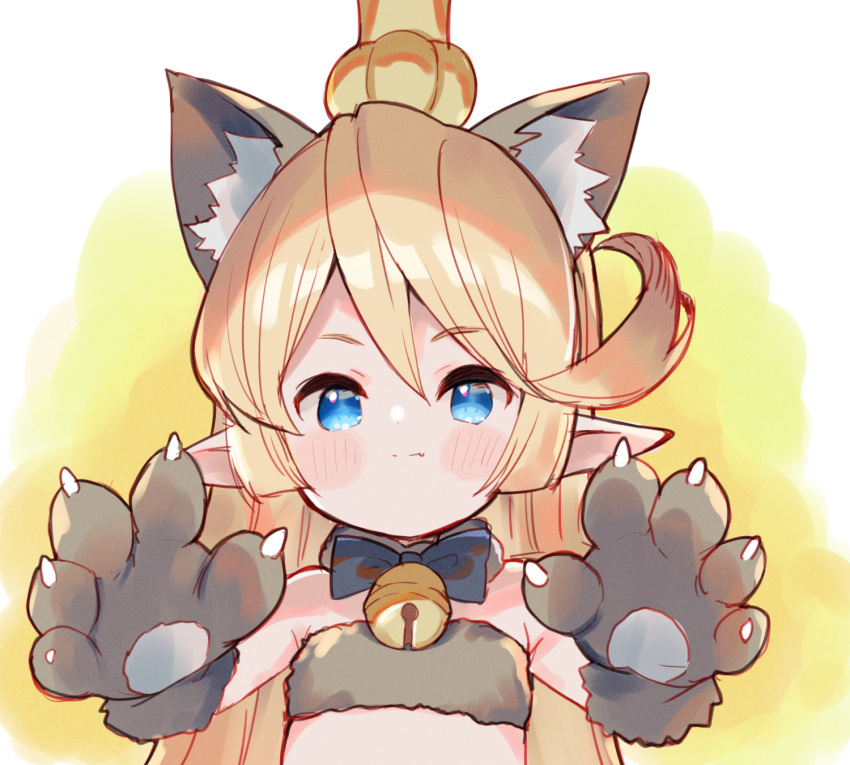 1girl animal_ear_fluff animal_ears animal_hands bangs black_gloves blonde_hair blue_eyes blush_stickers charlotta_(granblue_fantasy) closed_mouth crown eyebrows_visible_through_hair fang fang_out fur_bikini gloves granblue_fantasy hair_between_eyes harvin highres long_hair looking_at_viewer meito_(maze) mini_crown nijisanji paw_gloves pointy_ears smile solo upper_body