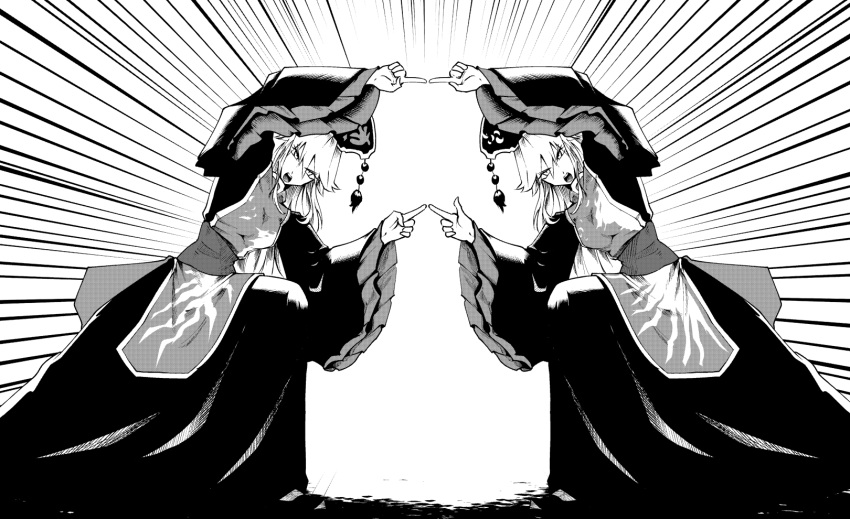 2girls bangs breasts chinese_clothes commentary_request dragon_ball dragon_ball_z dual_persona emphasis_lines frilled_sleeves frills fusion_dance hat highres index_fingers_together junko_(touhou) kikoka_(mizuumi) large_breasts long_hair long_sleeves monochrome multiple_girls obi open_mouth phoenix_crown sash simple_background tabard tassel touhou white_background wide_sleeves