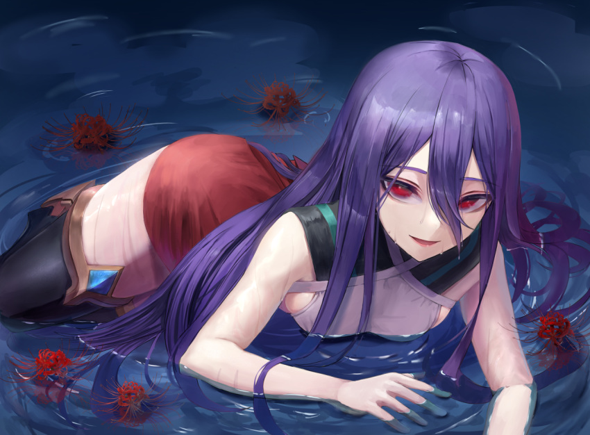 1girl black_legwear blazblue breasts hair_between_eyes hair_over_ass hair_over_shoulder kaeru_(meriruou) long_hair looking_at_viewer lying mikado_(blazblue) on_stomach open_mouth purple_hair red_eyes red_skirt sideboob skirt small_breasts solo straight_hair thigh-highs very_long_hair water wet wet_clothes