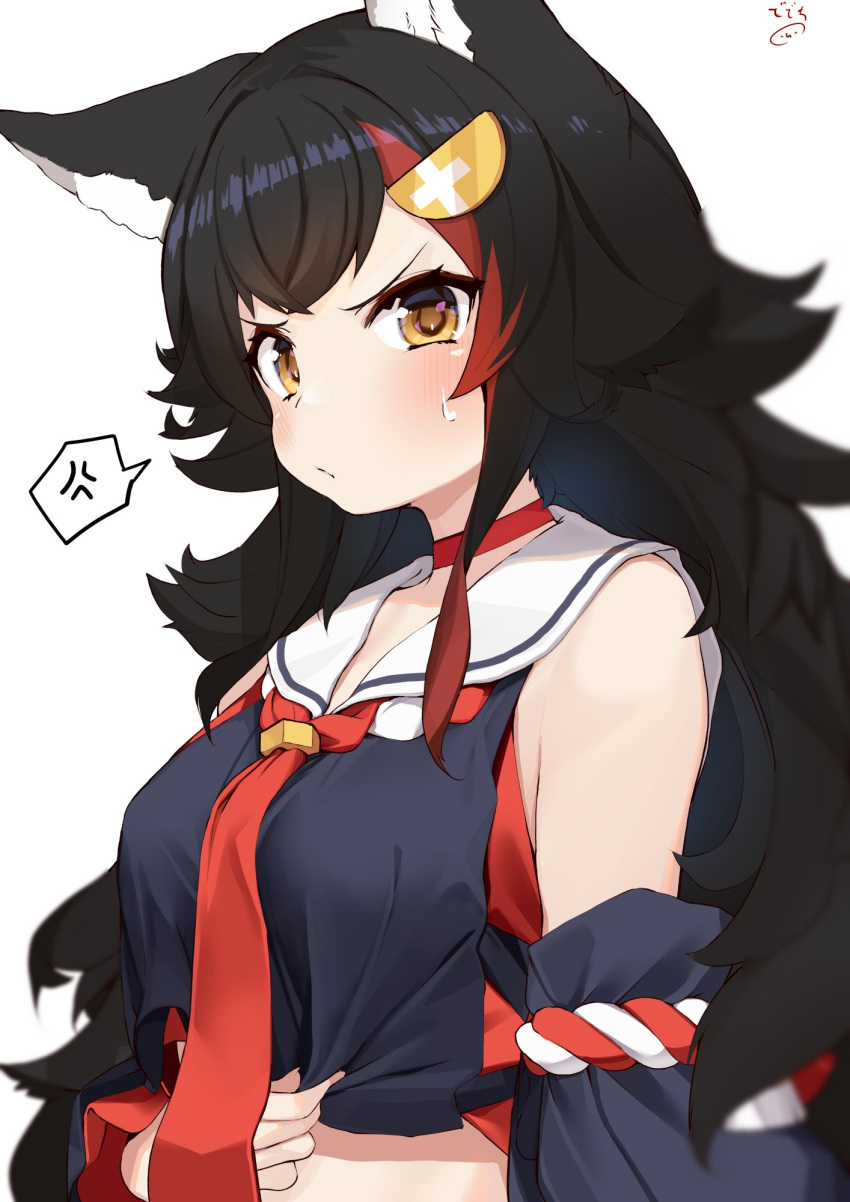 1girl anger_vein animal_ears artist_logo black_hair black_shirt blurry blush breasts choker closed_mouth commentary crop_top crop_top_overhang cropped_shirt depth_of_field detached_sleeves hair_ornament highres hololive kouhaku_nawa long_hair looking_at_viewer medium_breasts multicolored_hair nejime ookami_mio orange_eyes pout red_choker red_neckwear redhead sailor_collar scowl shirt simple_background solo spoken_anger_vein streaked_hair sweatdrop two-tone_hair upper_body v-shaped_eyebrows virtual_youtuber white_background wolf_ears