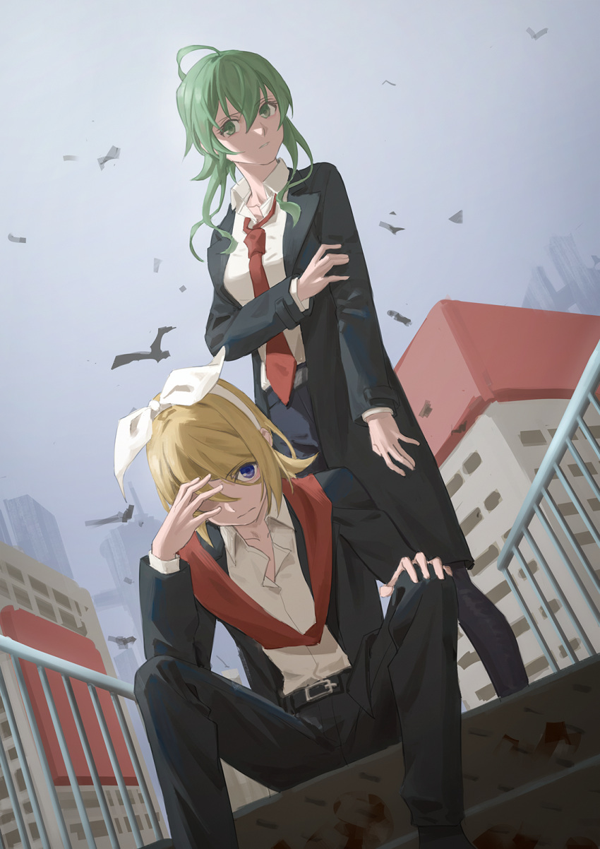 2girls ahoge bird black_pants black_suit blonde_hair blue_eyes bow building city dutch_angle expressionless formal from_below green_eyes green_hair gumi hair_bow hand_on_own_arm hand_on_own_face hand_on_own_knee handrail highres kagamine_rin multiple_girls neckwear_removed one_eye_covered outdoors pants parted_lips red_neckwear shirt short_hair sitting sitting_on_stairs stairs standing suit suit_jacket vocaloid white_bow white_shirt wounds404