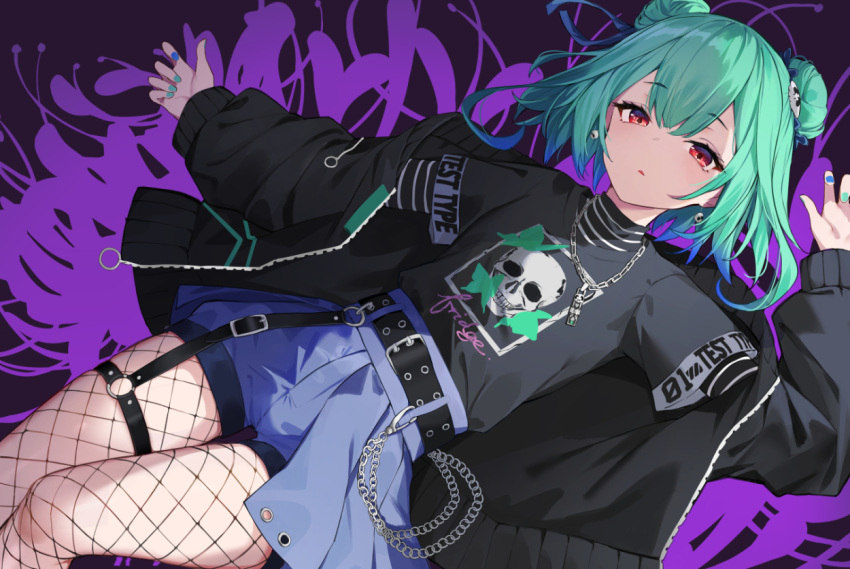 1girl bangs belt black_jacket black_shirt blue_skirt buckle chain_necklace double_bun earrings eyebrows_visible_through_hair fishnet_legwear fishnets green_hair hair_ornament hand_up hololive isaya_(pixiv4541633) jacket jewelry long_sleeves looking_at_viewer lying medium_hair miniskirt necklace on_back open_clothes open_jacket parted_lips shirt sidelocks skirt skull_hair_ornament solo thigh_strap uruha_rushia virtual_youtuber