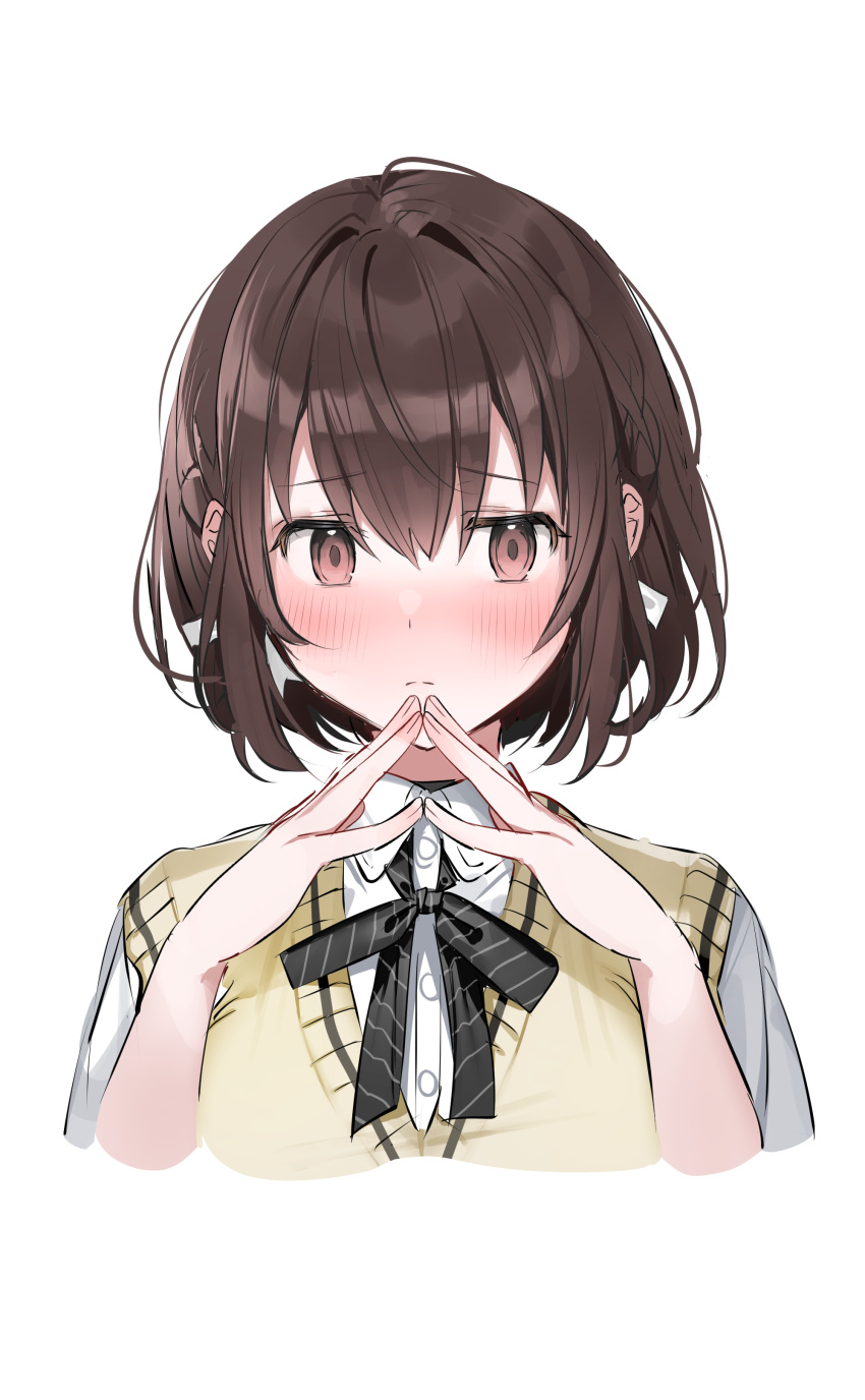 1girl absurdres bangs blush bow bowtie brown_eyes brown_hair closed_mouth collared_shirt eyebrows_visible_through_hair hands_together hands_up highres looking_at_viewer medium_hair original school_uniform shirt short_sleeves sidelocks solo upper_body white_background xretakex