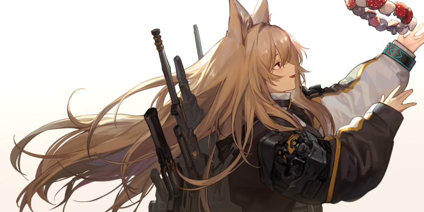 1girl animal_ear_fluff animal_ears arknights black_wristband brown_hair brown_jacket ceobe_(arknights) dog_ears eta-klein fang from_side hair_between_eyes hand_up highres infection_monitor_(arknights) jacket long_hair mushroom open_mouth profile simple_background solo sword upper_body weapon weapon_on_back white_background