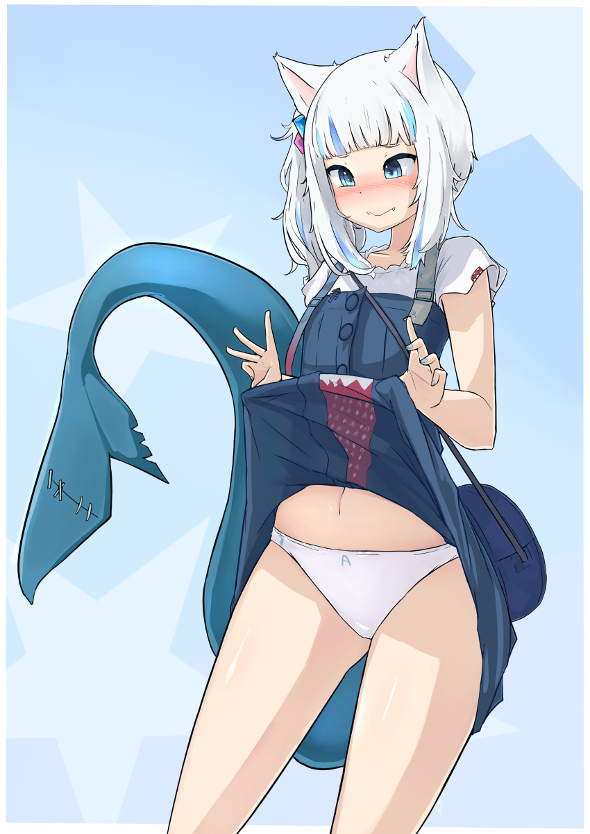 1girl a absurdres animal_ears bag bangs blue_dress blue_eyes blue_nails blunt_bangs blush cat_ears closed_mouth clothes_lift cowboy_shot dress embarrassed fangs fish_tail gawr_gura handbag highres hololive lifted_by_self medium_hair multicolored_hair nail_polish navel nose_blush panties shark_tail side_ponytail sidelocks silver_hair skirt skirt_lift smile solo standing stomach streaked_hair tail tonys underwear virtual_youtuber wavy_mouth white_panties
