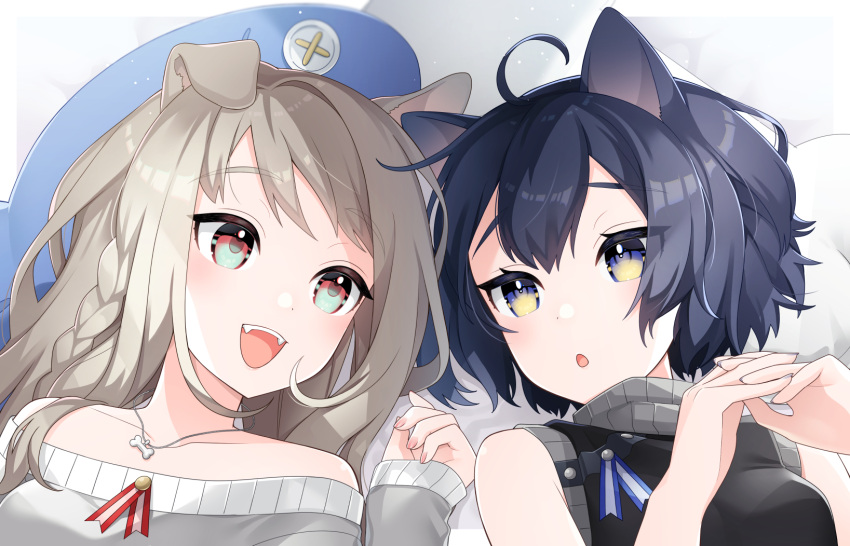 2girls :d ahoge animal_ears black_hair braid cat_ears dog_ears dot_nose fangs fingernails grey_hair grey_sweater hands_up hat highres interlocked_fingers jewelry konogi long_hair lying multiple_girls nail_polish necklace off-shoulder_sweater off_shoulder on_back open_mouth original own_hands_together red_eyes side_braid smile sweater violet_eyes