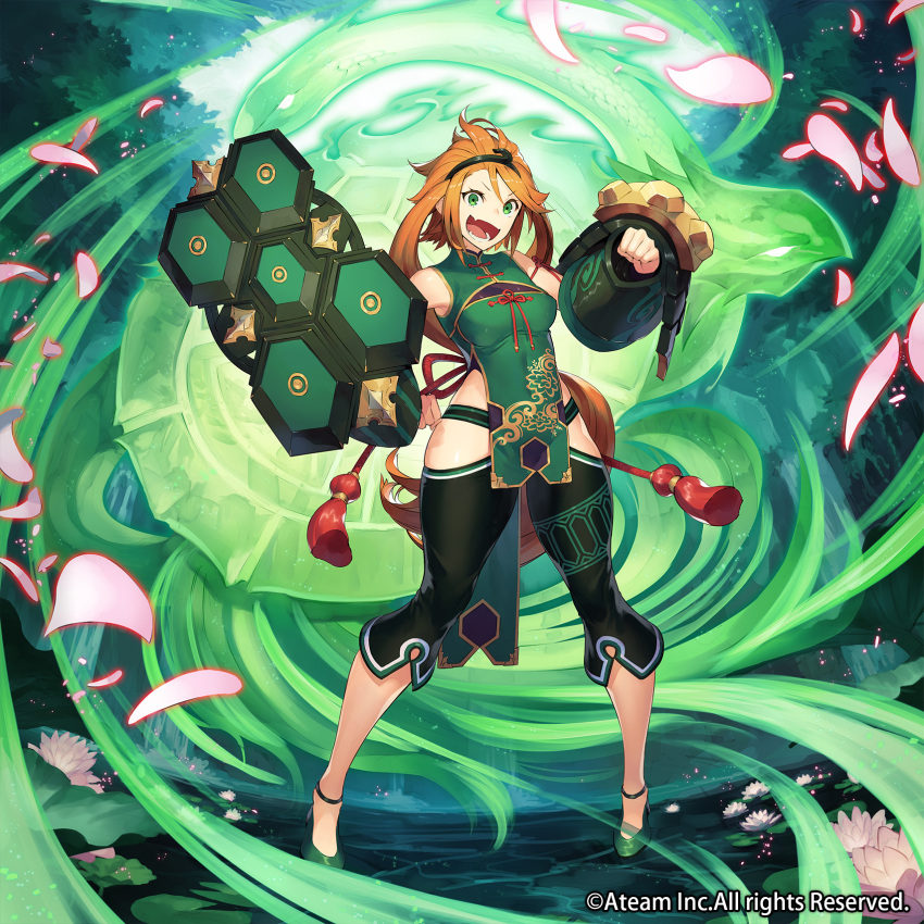 1girl :d ainezu breasts china_dress chinese_clothes covered_navel dress flower green_background green_eyes green_footwear guangmei_(valkyrie_connect) hairband high_heels highres lily_(flower) long_hair looking_at_viewer medium_breasts official_art open_mouth orange_hair pants pigeon-toed shield shoes smile solo standing tassel valkyrie_connect very_long_hair watermark