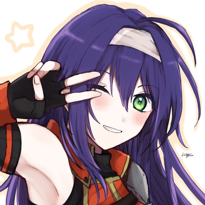 1girl ahoge armpits black_gloves blush detached_sleeves fingerless_gloves fire_emblem fire_emblem:_path_of_radiance gloves green_eyes grin hair_intakes headband highres long_hair long_sleeves mia_(fire_emblem) misato_hao one_eye_closed portrait purple_hair shadow shiny shiny_hair signature single_shoulder_pad smile solo v_over_eye white_background white_headband