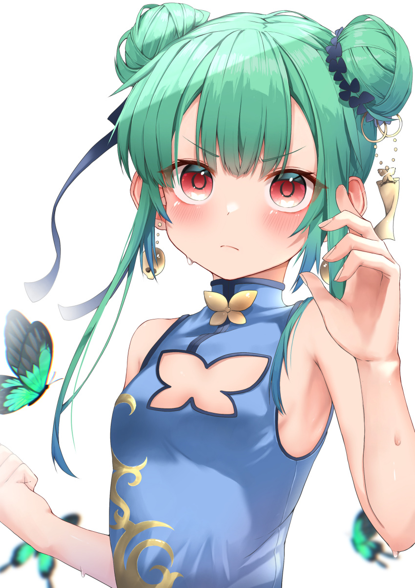 1girl absurdres bangs bare_arms blue_dress blush bug butterfly chinese_clothes closed_mouth commentary_request double_bun dress earrings eyebrows_visible_through_hair green_butterfly green_hair hair_ribbon highres hololive jewelry long_hair looking_at_viewer pepushi_drow red_eyes ribbon simple_background sleeveless sleeveless_dress solo upper_body uruha_rushia v-shaped_eyebrows virtual_youtuber white_background