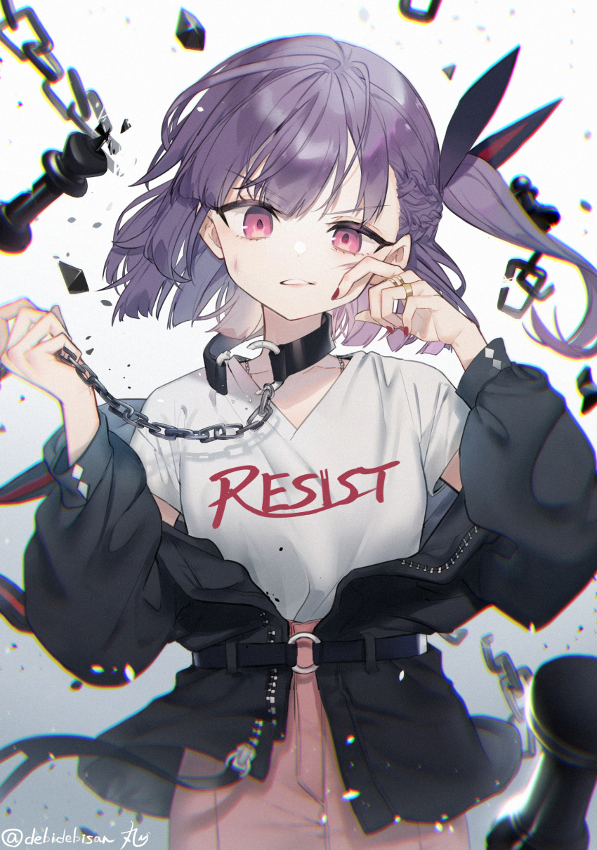 1girl absurdres arm_up bangs black_jacket braid broken broken_chain chain chess_piece chibirisu choker cowboy_shot english_text hair_ornament hand_on_own_face highres holding holding_chain jacket jacket_partially_removed jewelry long_sleeves multiple_rings nail_polish official_art one_side_up purple_hair red_eyes red_nails ring shirt shoes short_hair short_sleeves signature skirt solo tenjin_kotone tenjin_kotone_(channel) twitter_username virtual_youtuber white_shirt