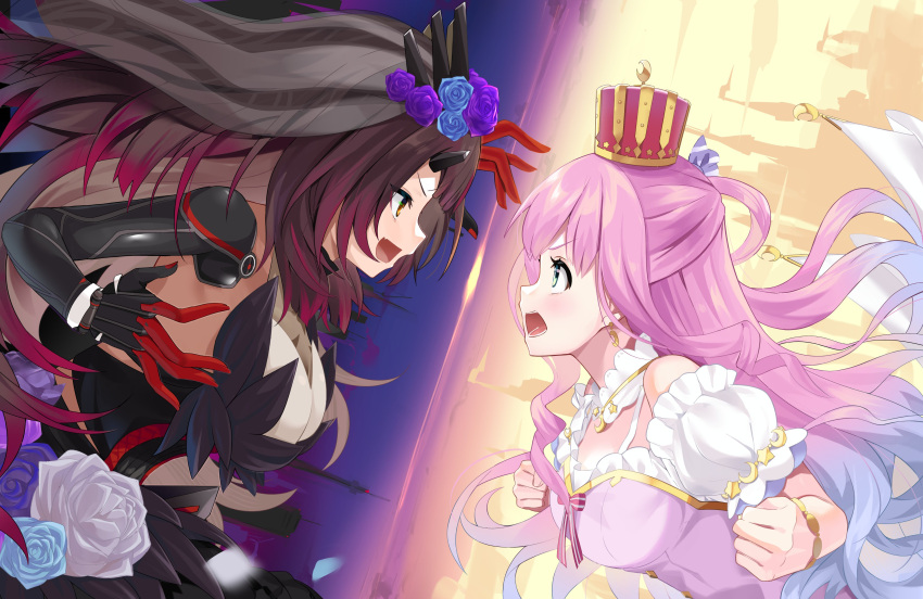 2girls absurdres bangs breasts brown_hair crown dress frills highres himemori_luna hololive large_breasts long_hair looking_at_another multicolored_hair multiple_girls open_mouth opposing_sides pink_hair roboco-san router satobitob veil virtual_youtuber wavy_hair