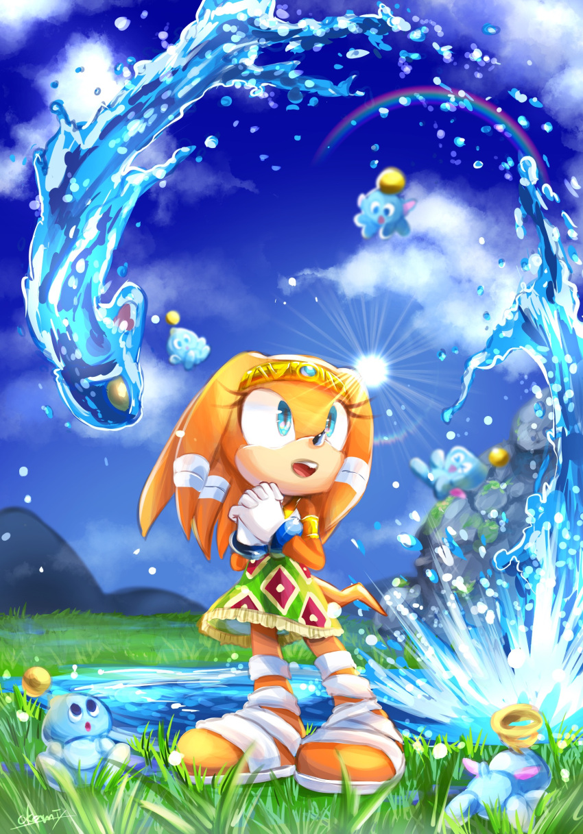 1girl bandages blue_eyes blue_sky chao_(sonic) chaos_(sonic) clouds furry furry_female gloves grass highres looking_afar monster open_mouth own_hands_together skirt sky sonic_(series) sonic_adventure standing sun tikal_the_echidna tondamanuke water white_gloves