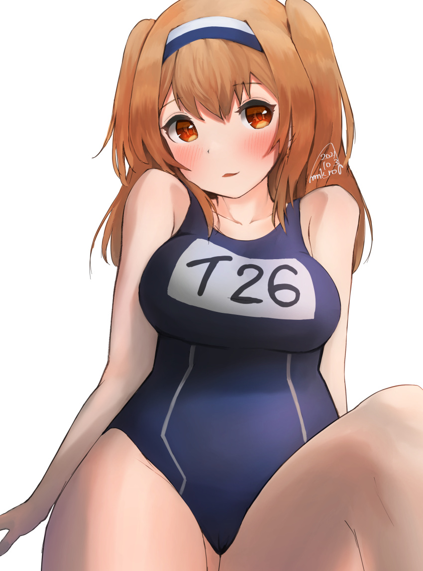 1girl absurdres blue_swimsuit brown_eyes cowboy_shot dated hairband highres i-26_(kancolle) kantai_collection light_brown_eyes light_brown_hair long_hair mmk name_tag new_school_swimsuit school_swimsuit signature simple_background sitting solo swimsuit swimsuit_under_clothes two-tone_hairband two_side_up white_background